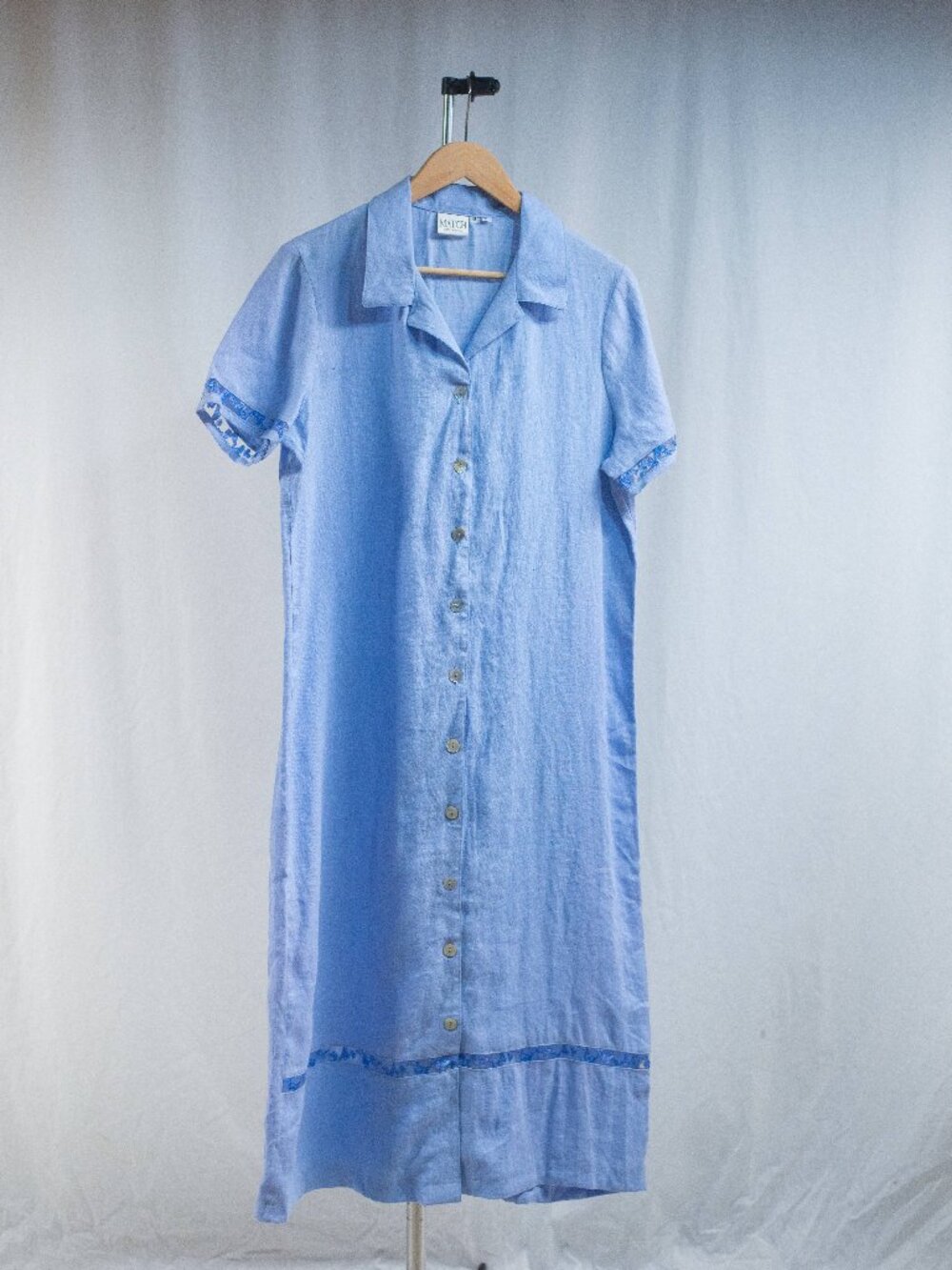 100% Linen Vintage Butterfly Detail Blue Lightweight Lagenlook Midi Dress